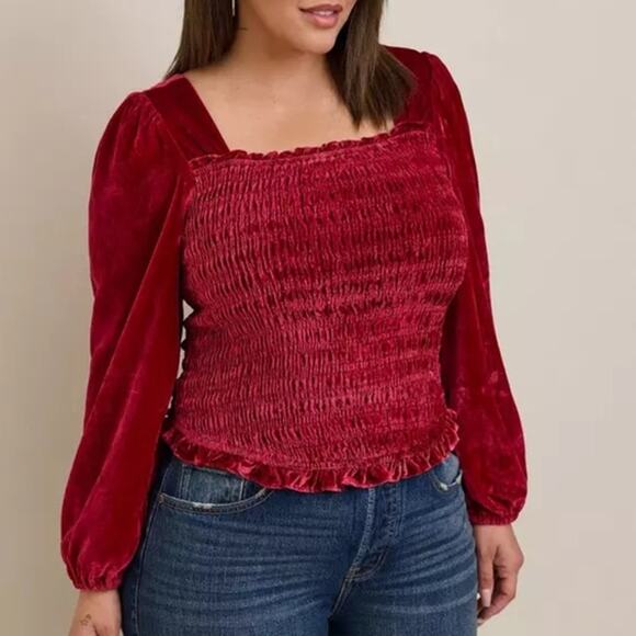 torrid Tops - TORRID Red Velvet Smocked Blouson Sleeve Top Romantic Peasant Holiday Size 1X